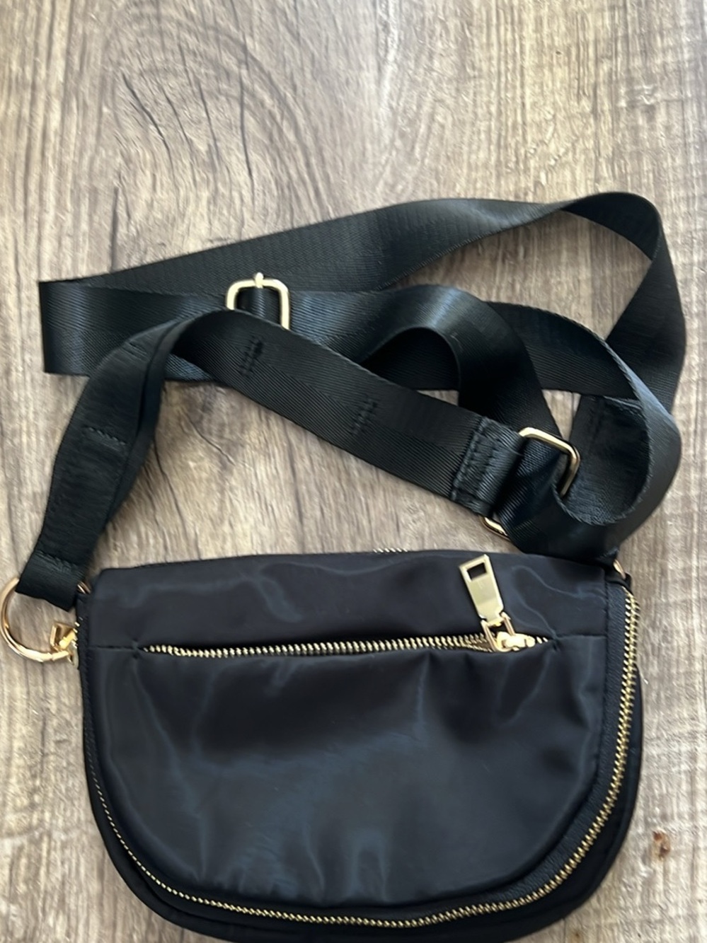 Simply Noelle Black Nylon Crescent Crossbody Sling Bag with Gold Hardware